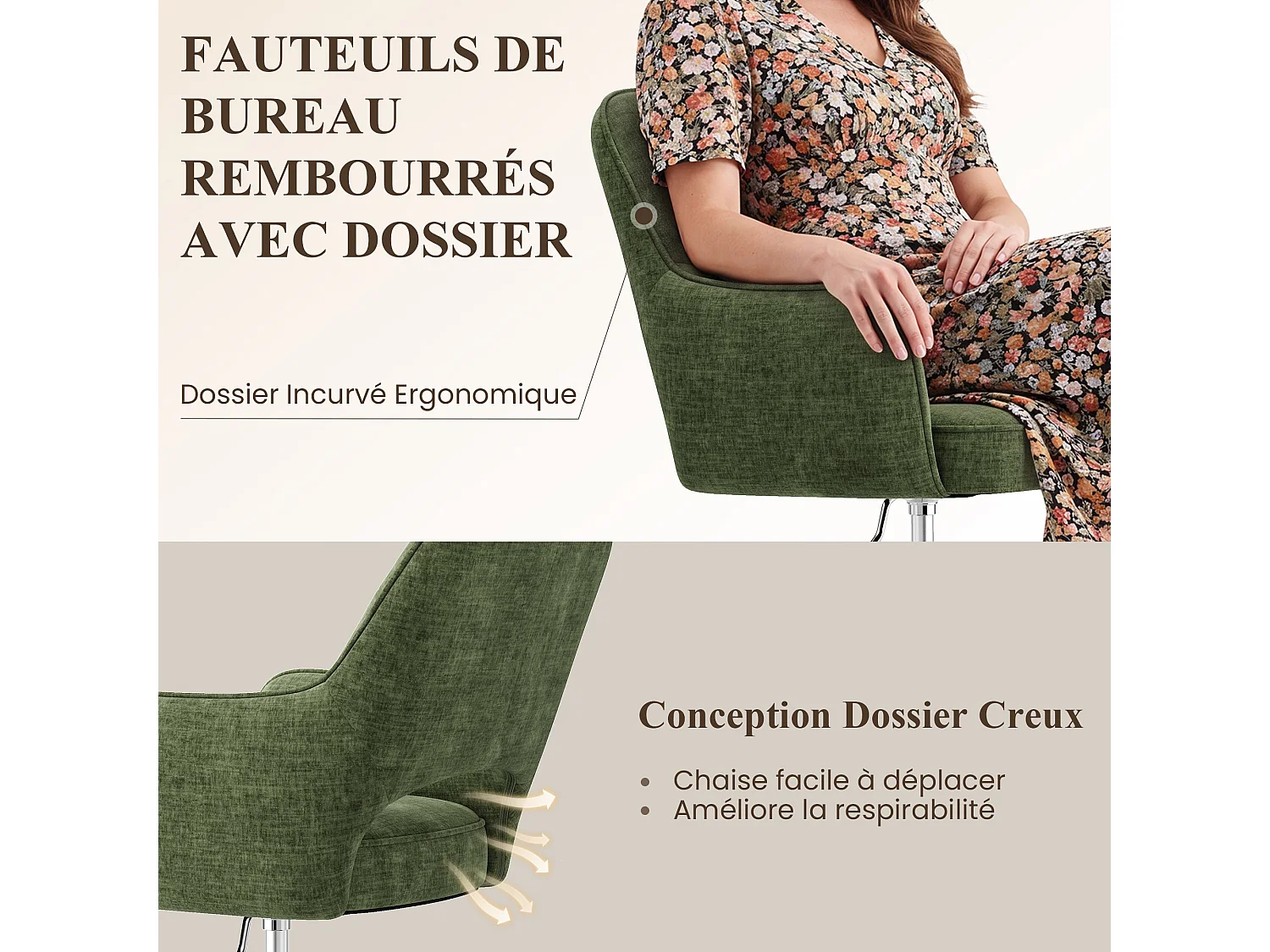 Fauteuil de Bureau Ergonomique avec Accoudoirs, Chaise Pivotante à 360° avec Hauteur Réglable, Assise Confortable en Tissu Doux,vert