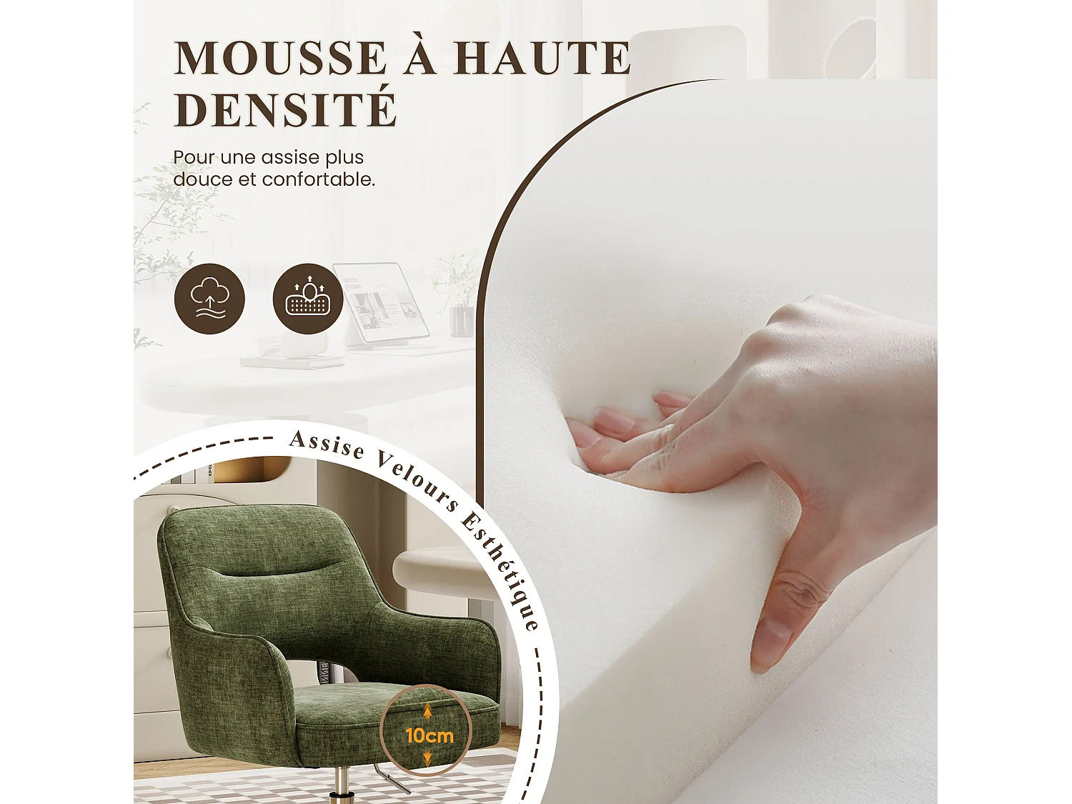 Fauteuil de Bureau Ergonomique avec Accoudoirs, Chaise Pivotante à 360° avec Hauteur Réglable, Assise Confortable en Tissu Doux,vert