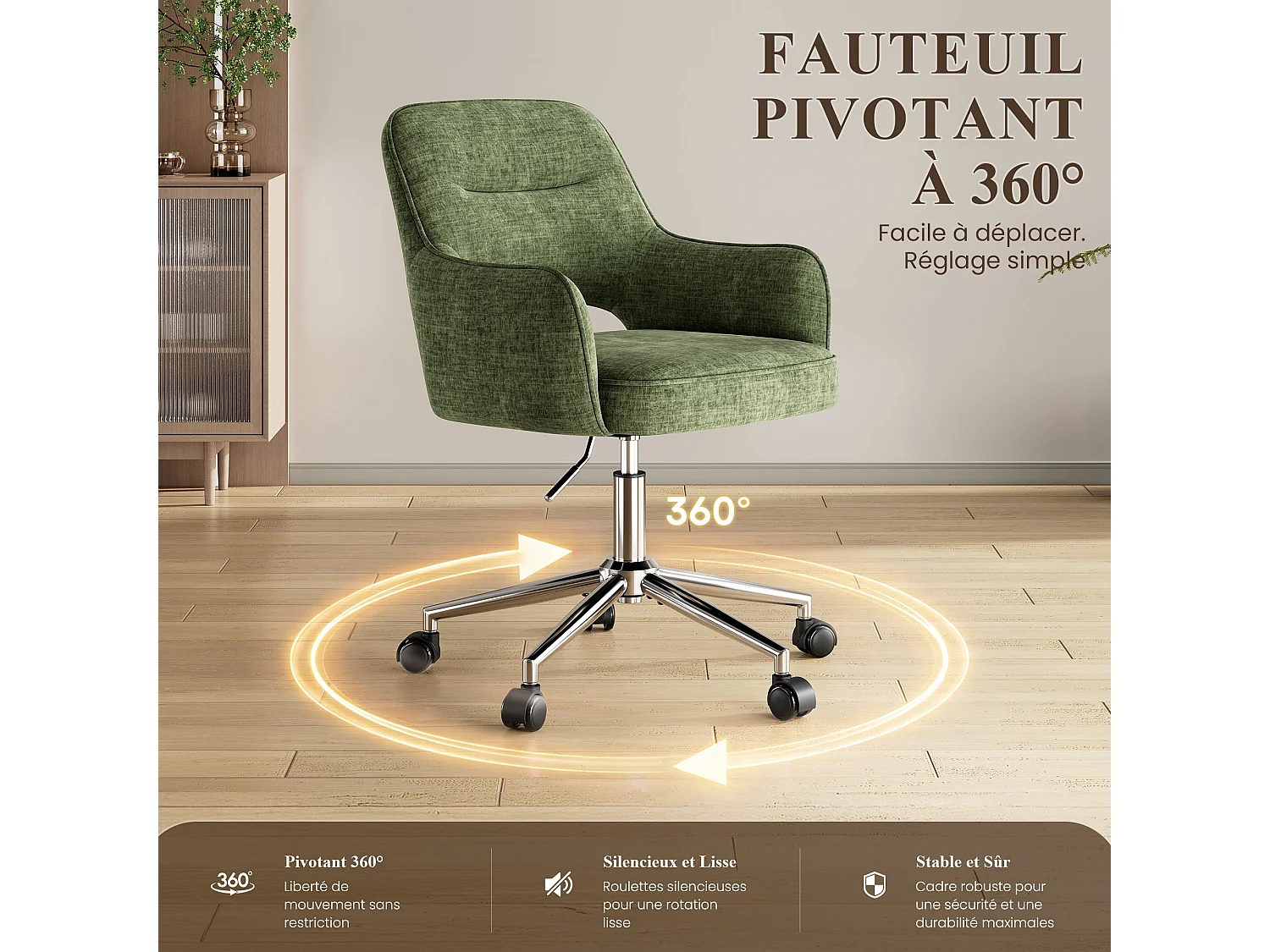 Fauteuil de Bureau Ergonomique avec Accoudoirs, Chaise Pivotante à 360° avec Hauteur Réglable, Assise Confortable en Tissu Doux,vert
