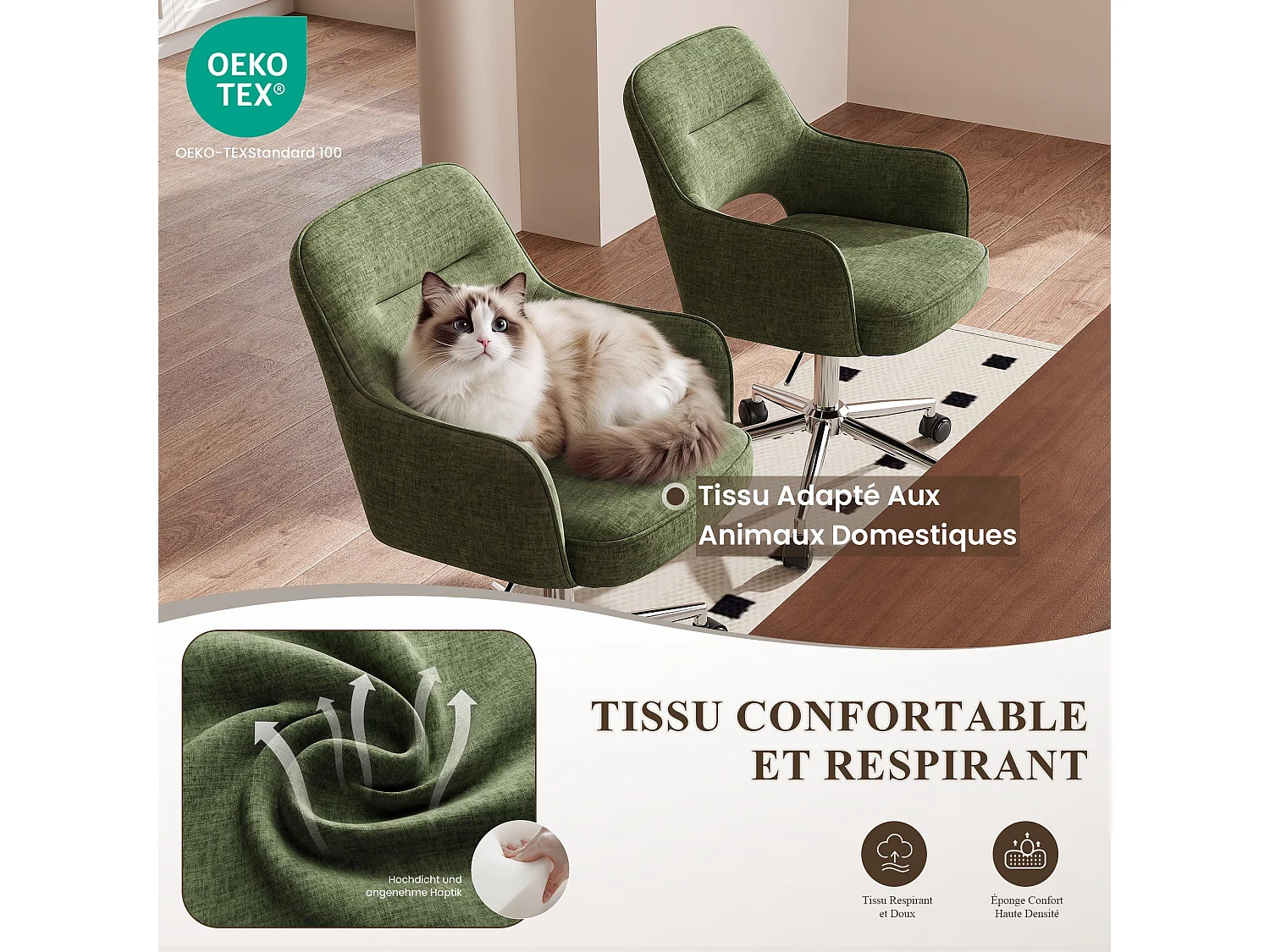 Fauteuil de Bureau Ergonomique avec Accoudoirs, Chaise Pivotante à 360° avec Hauteur Réglable, Assise Confortable en Tissu Doux,vert