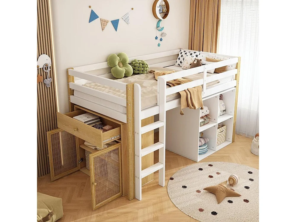 Lit mezzanine enfant 90x200 cm, multifonction, avec 2 armoires de rangement, échelle sécurisée, bois,montage facile,naturel et blanc