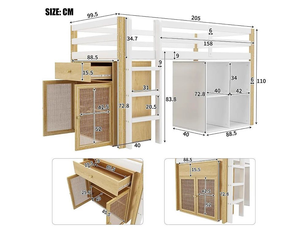 Lit mezzanine enfant 90x200 cm, multifonction, avec 2 armoires de rangement, échelle sécurisée, bois,montage facile,naturel et blanc