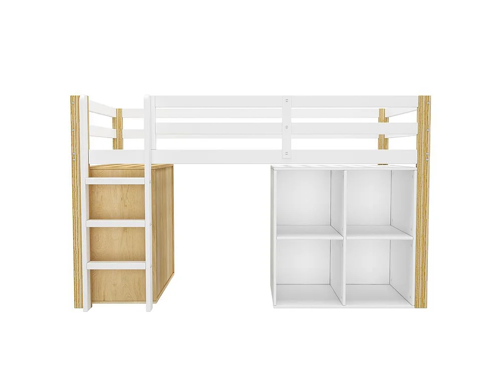 Lit mezzanine enfant 90x200 cm, multifonction, avec 2 armoires de rangement, échelle sécurisée, bois,montage facile,naturel et blanc