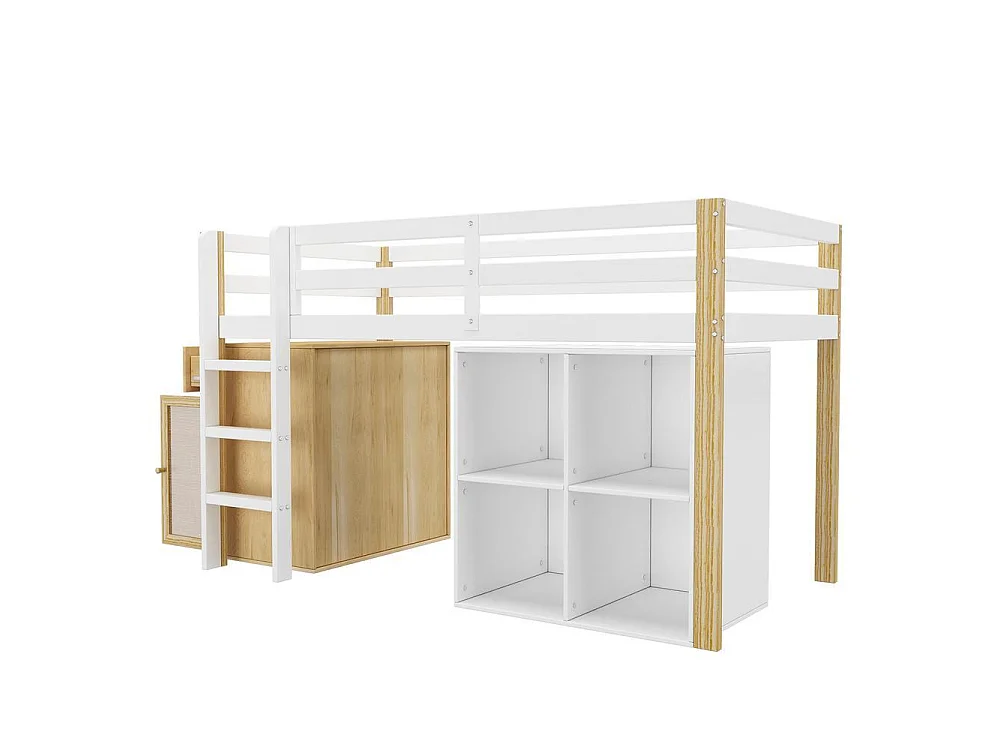 Lit mezzanine enfant 90x200 cm, multifonction, avec 2 armoires de rangement, échelle sécurisée, bois,montage facile,naturel et blanc