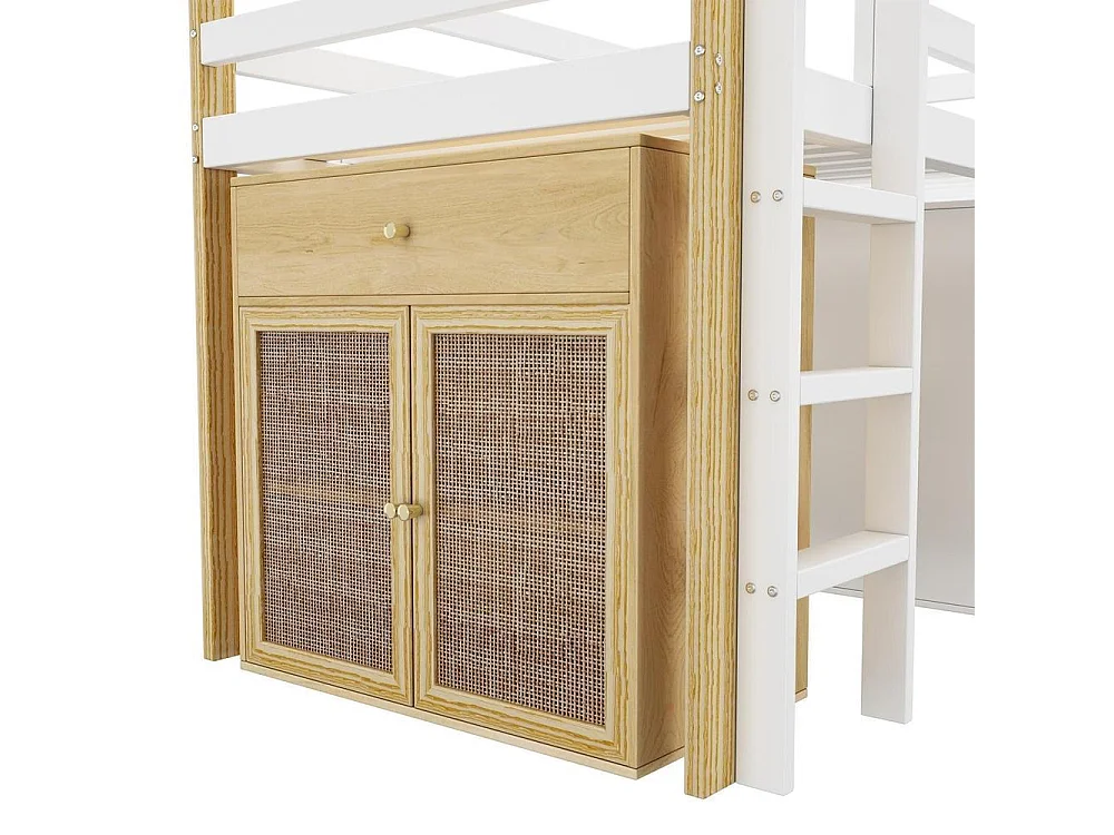 Lit mezzanine enfant 90x200 cm, multifonction, avec 2 armoires de rangement, échelle sécurisée, bois,montage facile,naturel et blanc