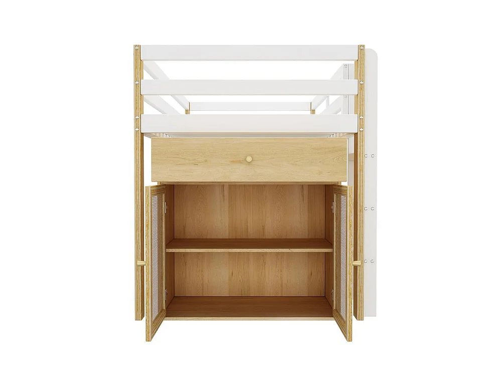Lit mezzanine enfant 90x200 cm, multifonction, avec 2 armoires de rangement, échelle sécurisée, bois,montage facile,naturel et blanc
