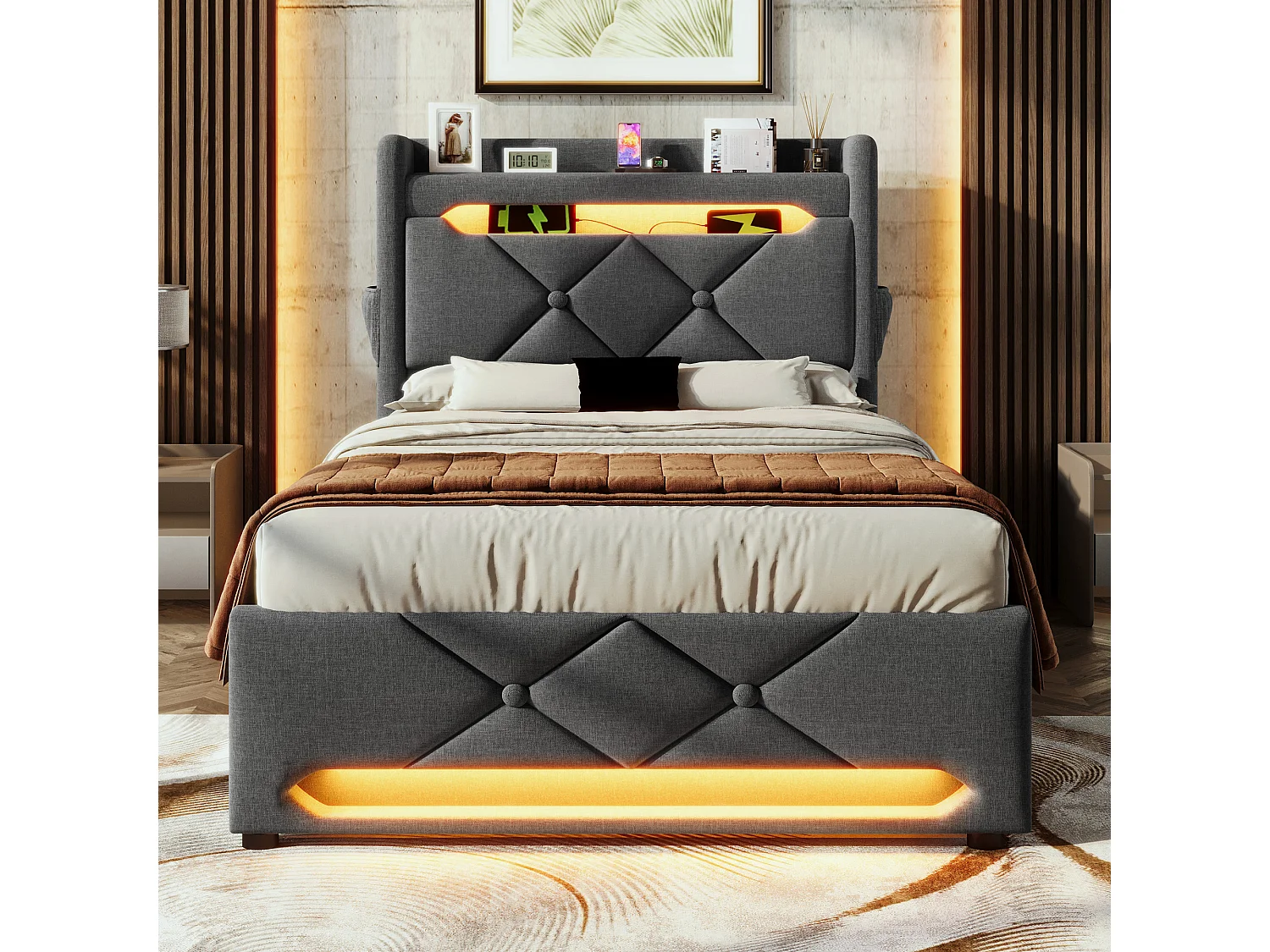 Lit simple 90x200 cm, LED 360, USB Type-C, rangement hydraulique, cadre fer, poches, sans matelas, lin gris