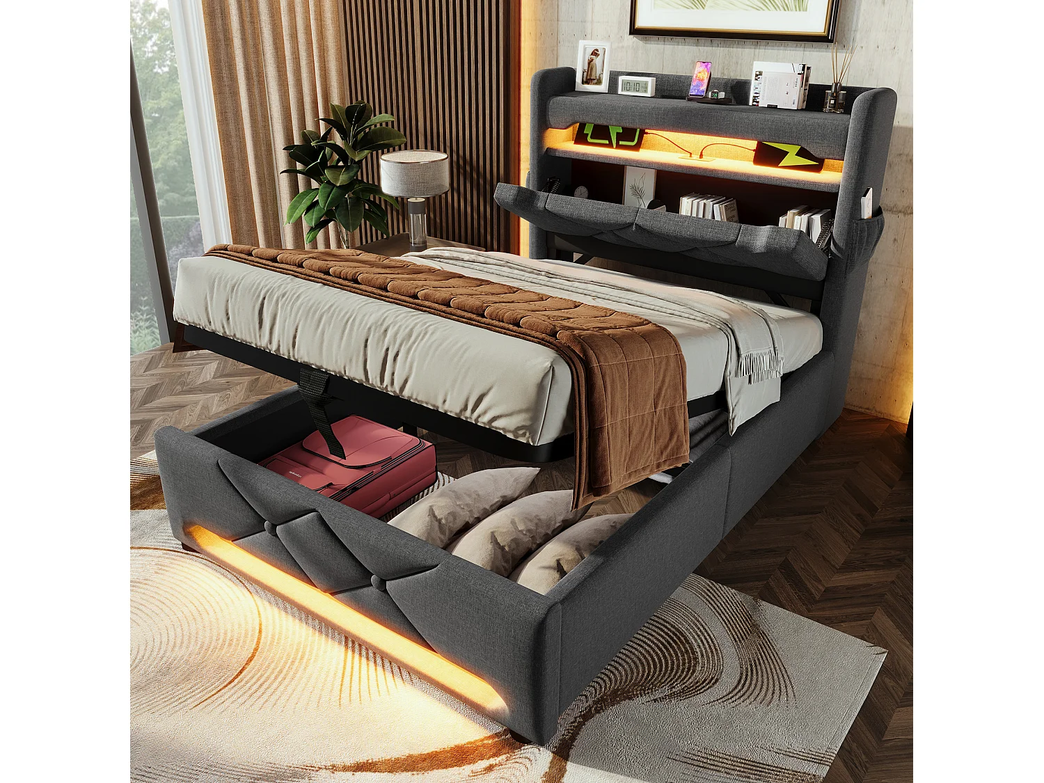 Lit simple 90x200 cm, LED 360, USB Type-C, rangement hydraulique, cadre fer, poches, sans matelas, lin gris