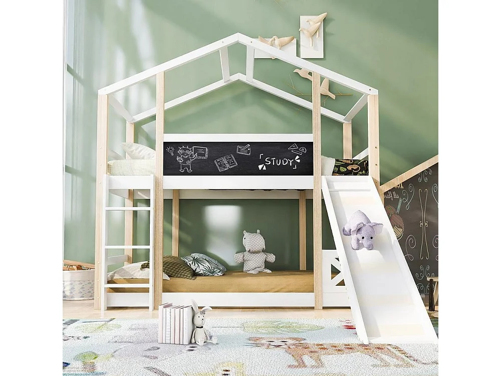 Lit cabane enfant 90x200 cm avec toboggan et échelle, barrière de sécurité 39 cm, pin massif, 2 sommiers inclus, blanc