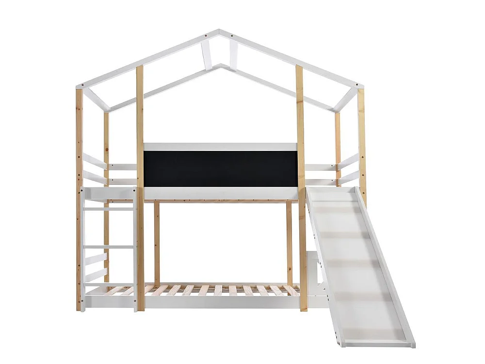 Lit cabane enfant 90x200 cm avec toboggan et échelle, barrière de sécurité 39 cm, pin massif, 2 sommiers inclus, blanc
