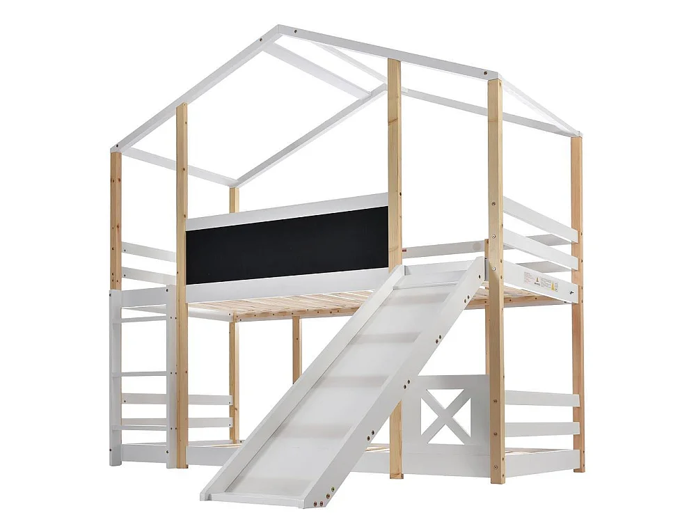 Lit cabane enfant 90x200 cm avec toboggan et échelle, barrière de sécurité 39 cm, pin massif, 2 sommiers inclus, blanc