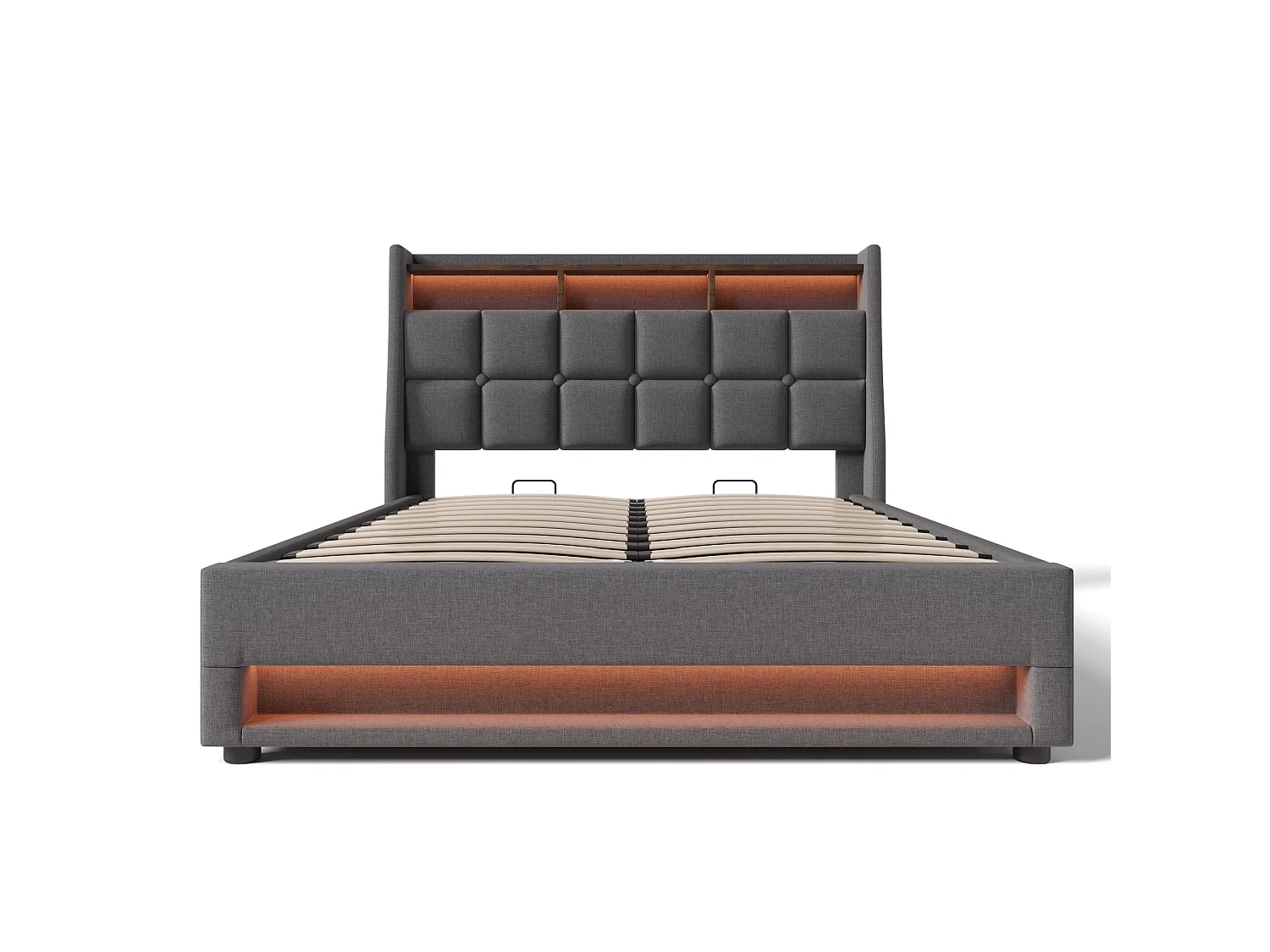 Lit Rembourré 160x200 Coton Lin, Style Vintage Moderne, LED Tête Pieds Télécommande, USB Charge, Tissu Anti-Poussière, Gris