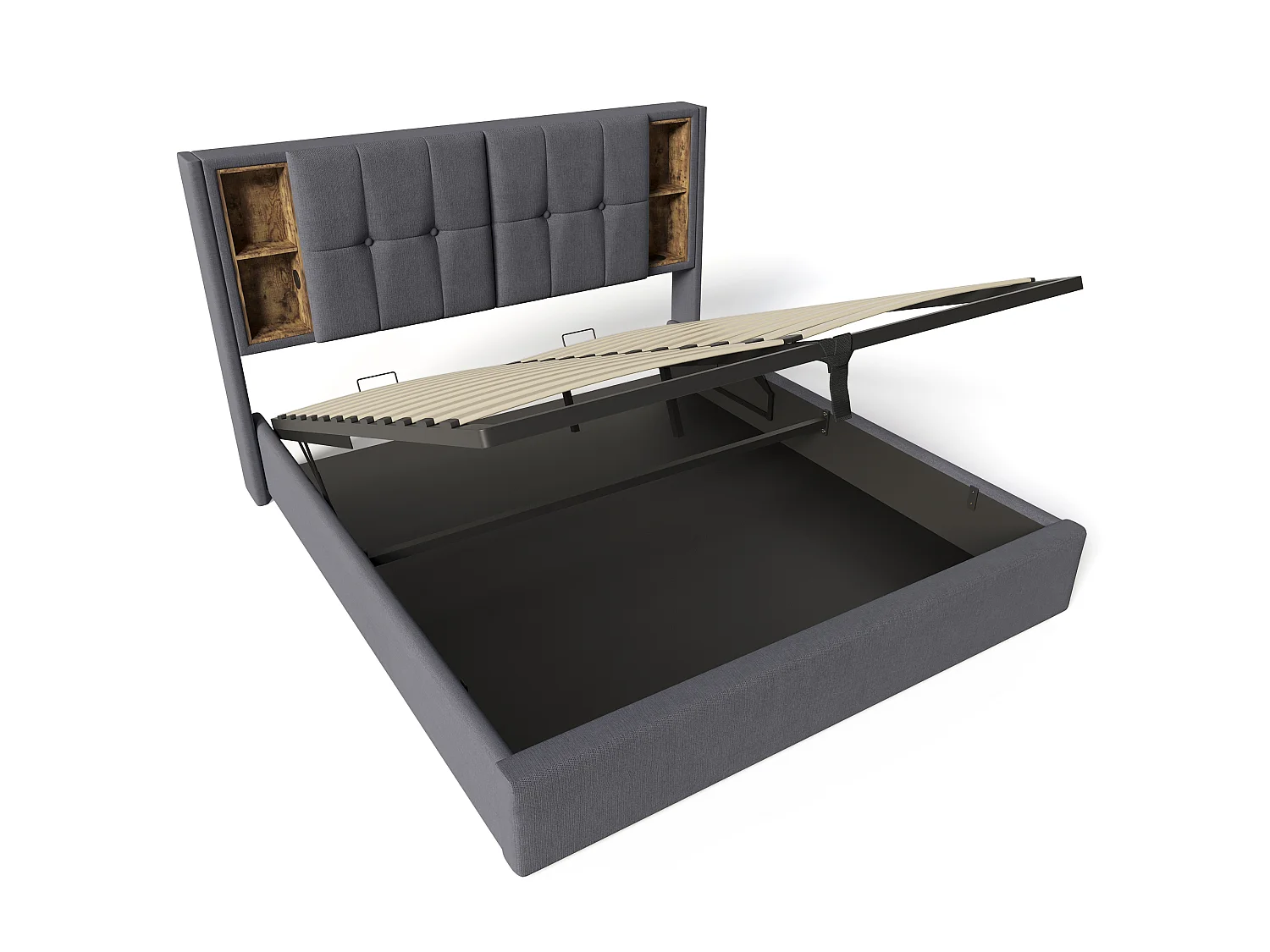 Lit double 140x200 cm, charge sans fil, USB Type-C, rangement gaz, sommier bois, sans matelas, coton gris