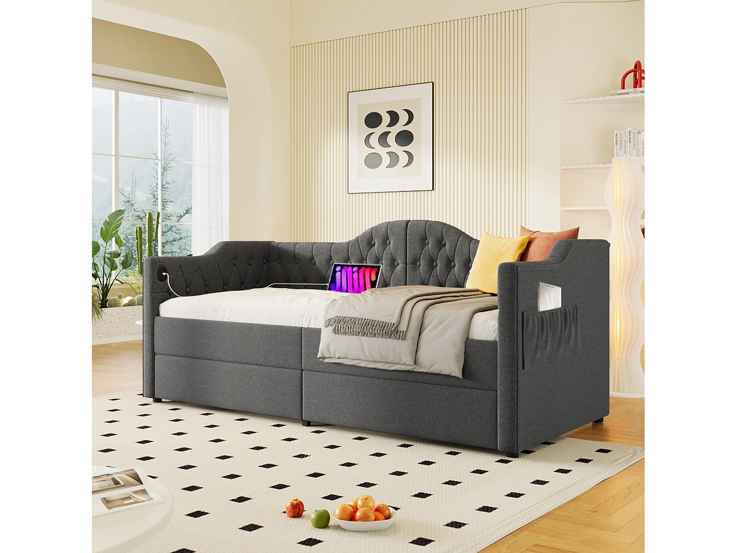 Lit jour 90x190 cm, lin gris, 2 tiroirs, port USB Type-C, poches latérales, cadre acier, sommier inclus, sans matelas