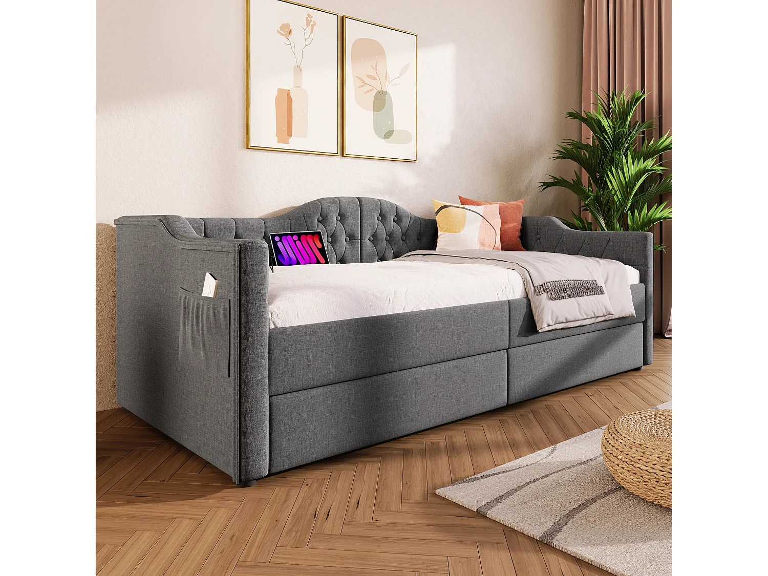 Lit jour 90x190 cm, lin gris, 2 tiroirs, port USB Type-C, poches latérales, cadre acier, sommier inclus, sans matelas