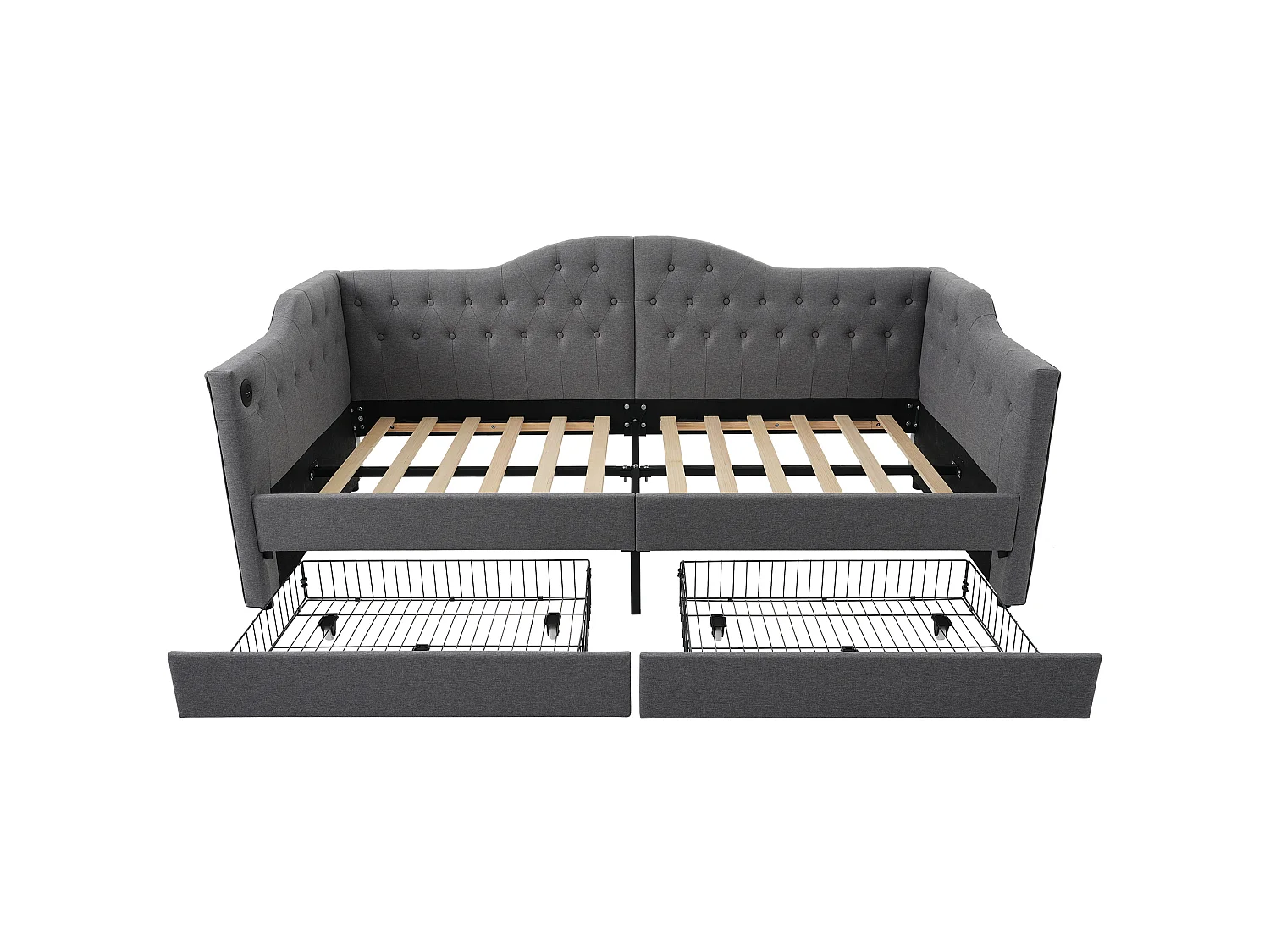 Lit jour 90x190 cm, lin gris, 2 tiroirs, port USB Type-C, poches latérales, cadre acier, sommier inclus, sans matelas