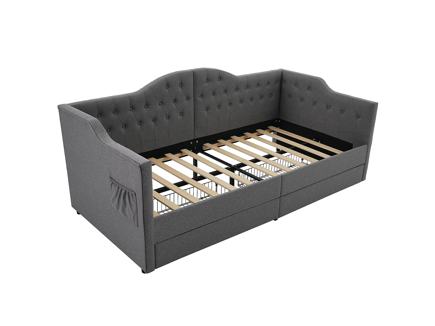 Lit jour 90x190 cm, lin gris, 2 tiroirs, port USB Type-C, poches latérales, cadre acier, sommier inclus, sans matelas