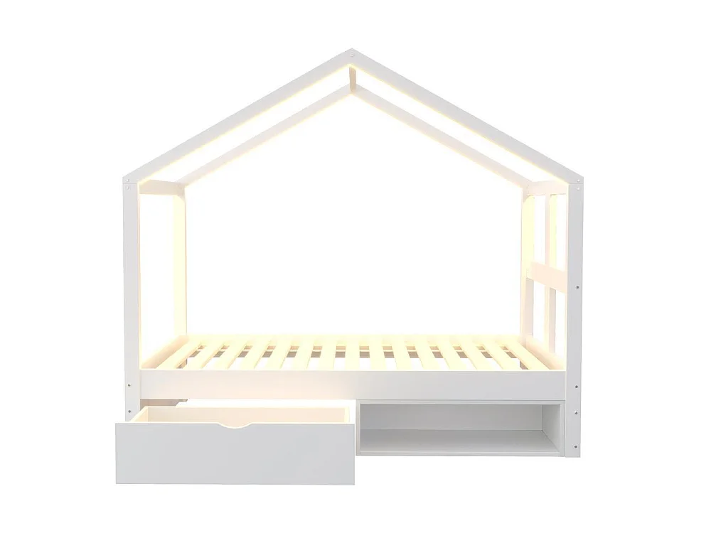 Lit en bois 90x190cm, tiroir, petit meuble à chaussures, LED multicolore, sommier lattes, très confortable, blanc