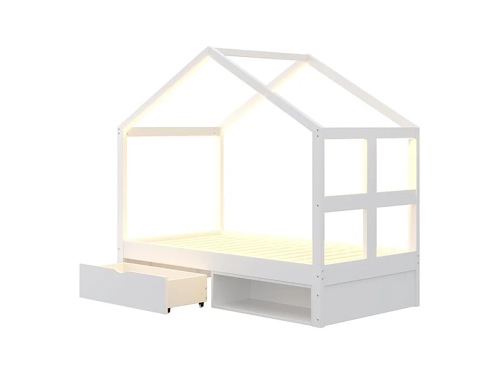 Lit en bois 90x190cm, tiroir, petit meuble à chaussures, LED multicolore, sommier lattes, très confortable, blanc