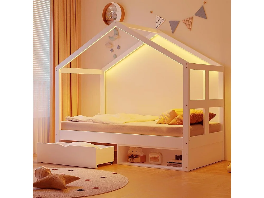 Lit en bois 90x190cm, tiroir, petit meuble à chaussures, LED multicolore, sommier lattes, très confortable, blanc