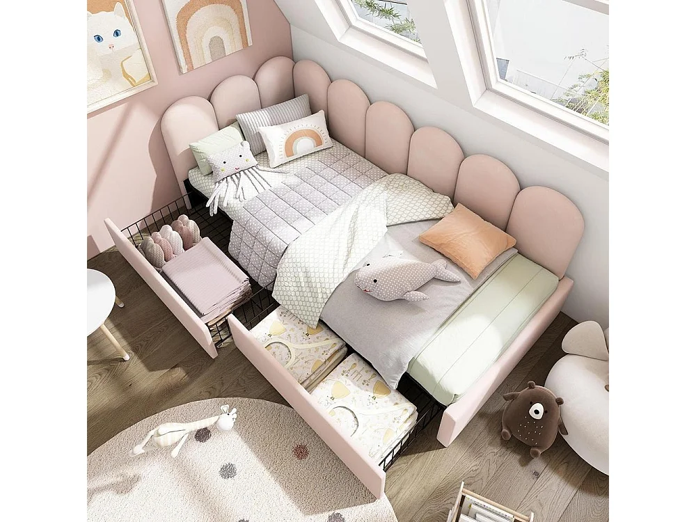 Lit Simple 90x190 cm, Velours Rose, 2 Tiroirs, Rangement, Canapé Lit, Lattes Bois, Réversible, Sans Matelas, Pour Adulte et Enfant