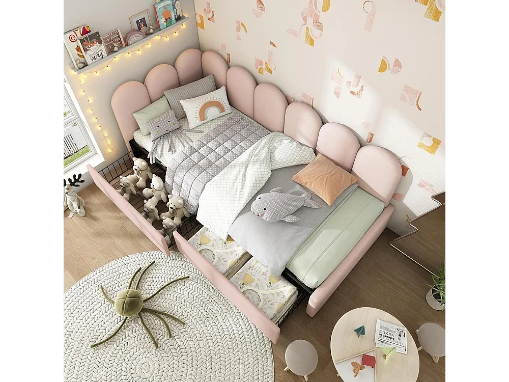 Lit Simple 90x190 cm, Velours Rose, 2 Tiroirs, Rangement, Canapé Lit, Lattes Bois, Réversible, Sans Matelas, Pour Adulte et Enfant