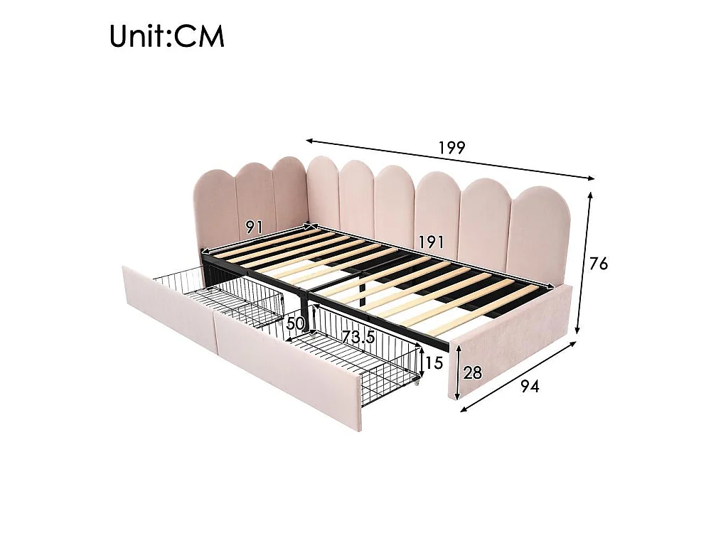 Lit Simple 90x190 cm, Velours Rose, 2 Tiroirs, Rangement, Canapé Lit, Lattes Bois, Réversible, Sans Matelas, Pour Adulte et Enfant