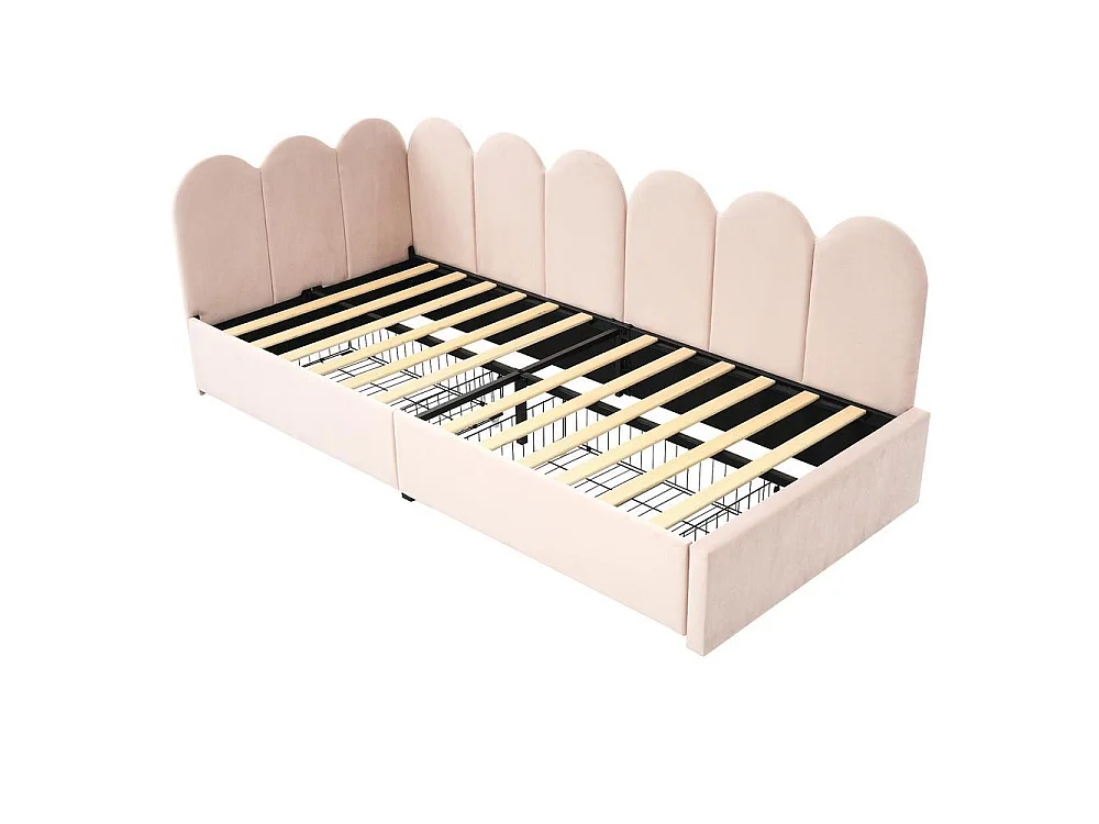 Lit Simple 90x190 cm, Velours Rose, 2 Tiroirs, Rangement, Canapé Lit, Lattes Bois, Réversible, Sans Matelas, Pour Adulte et Enfant