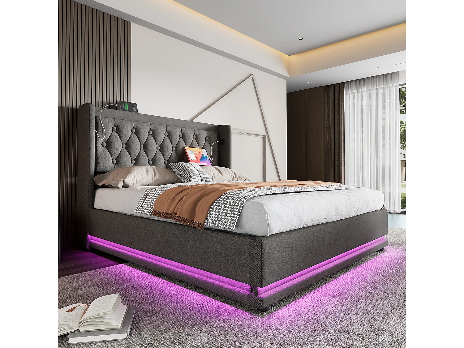 Lit double 140x200,coton,sans matelas,hydraulique,rangement,USB Typ-C,LED 3 côtés,tête capitonnée,cadre acier,gris