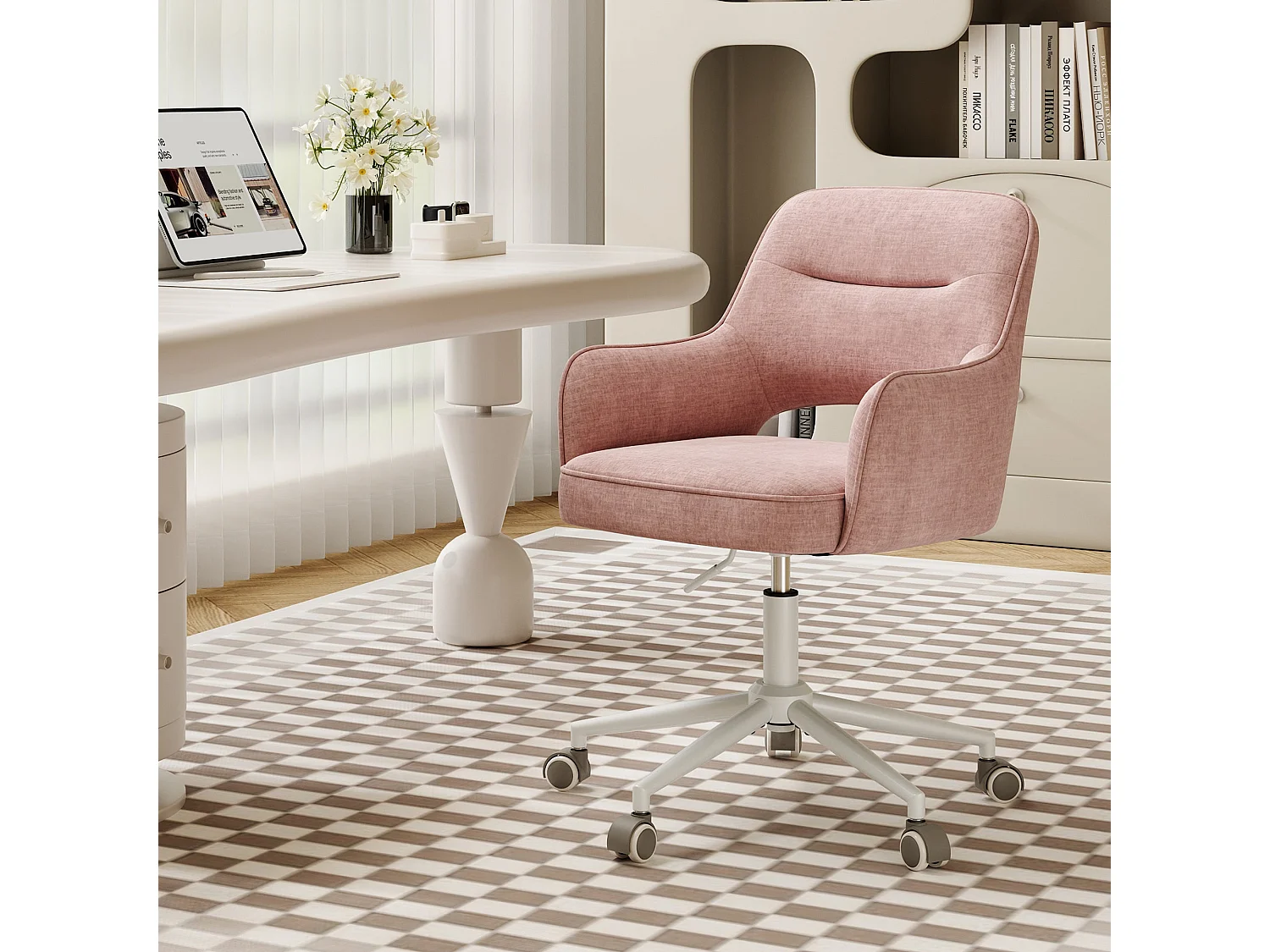 Fauteuil de Bureau Ergonomique avec Accoudoirs, Chaise Pivotante à 360° avec Hauteur Réglable, Assise Confortable en Tissu Doux,rose