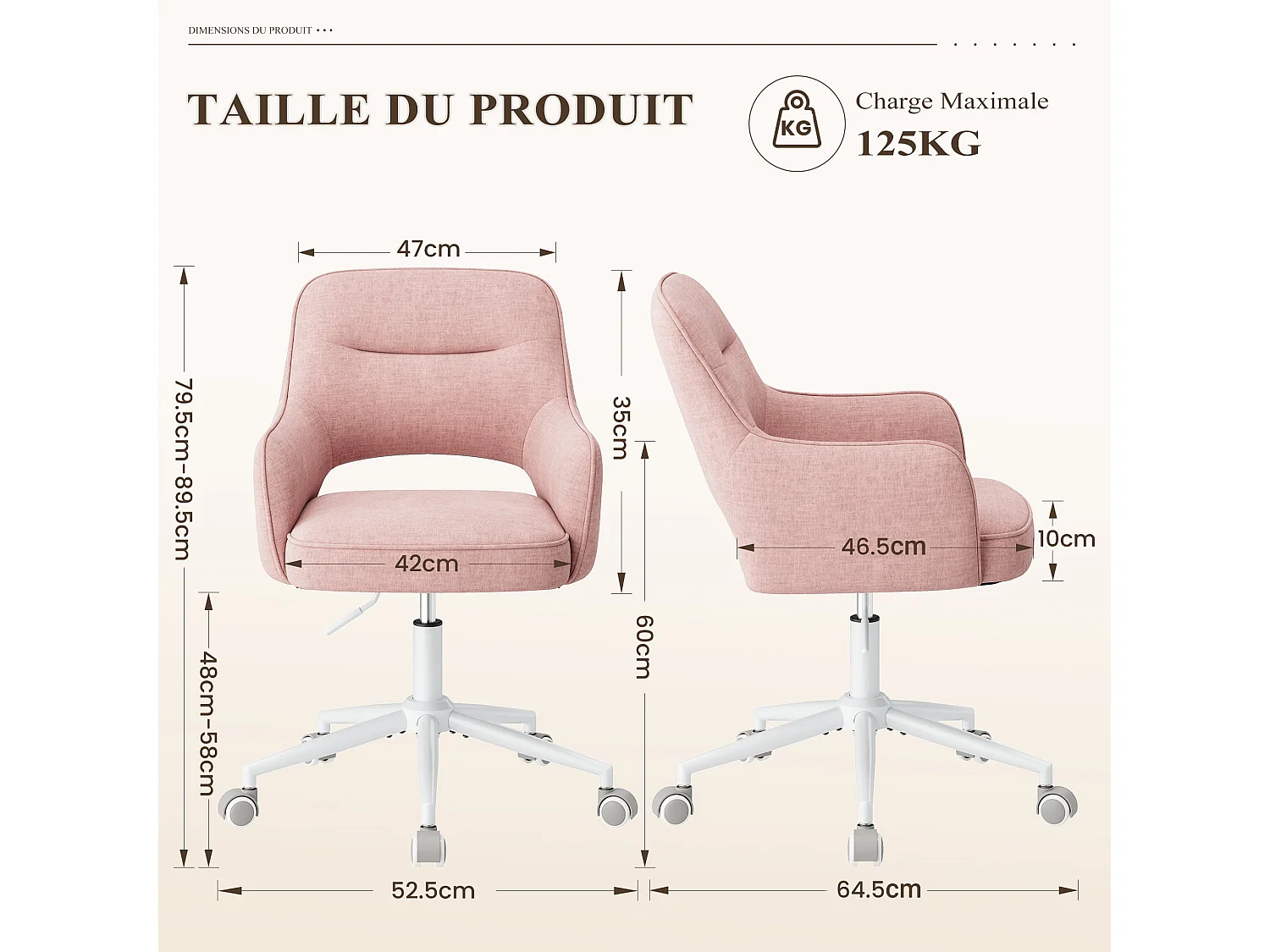 Fauteuil de Bureau Ergonomique avec Accoudoirs, Chaise Pivotante à 360° avec Hauteur Réglable, Assise Confortable en Tissu Doux,rose
