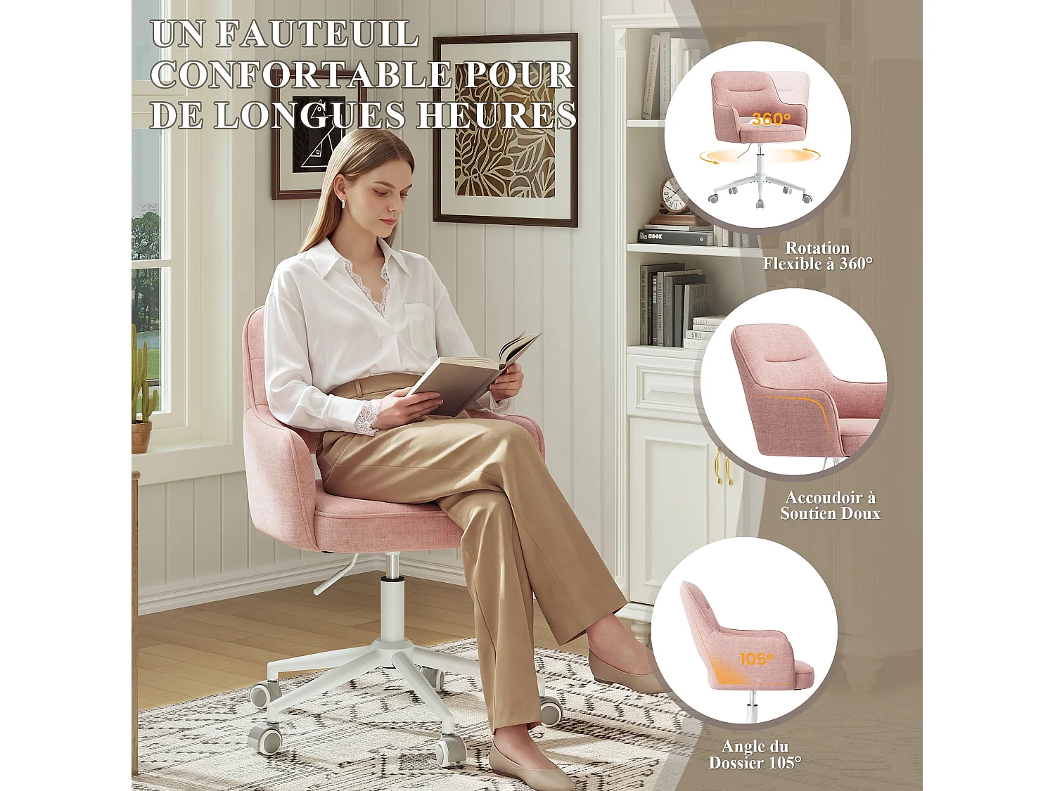 Fauteuil de Bureau Ergonomique avec Accoudoirs, Chaise Pivotante à 360° avec Hauteur Réglable, Assise Confortable en Tissu Doux,rose