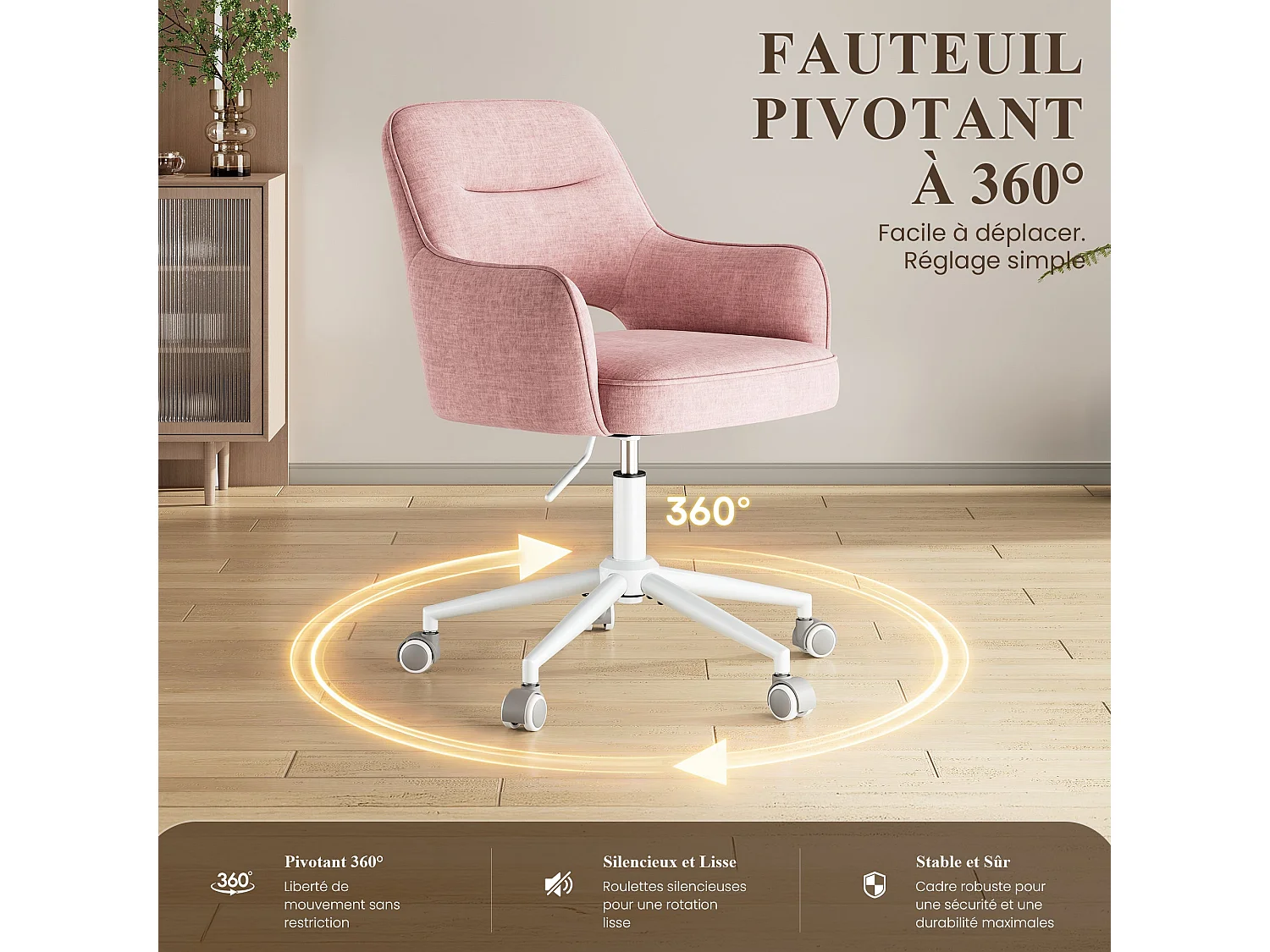 Fauteuil de Bureau Ergonomique avec Accoudoirs, Chaise Pivotante à 360° avec Hauteur Réglable, Assise Confortable en Tissu Doux,rose
