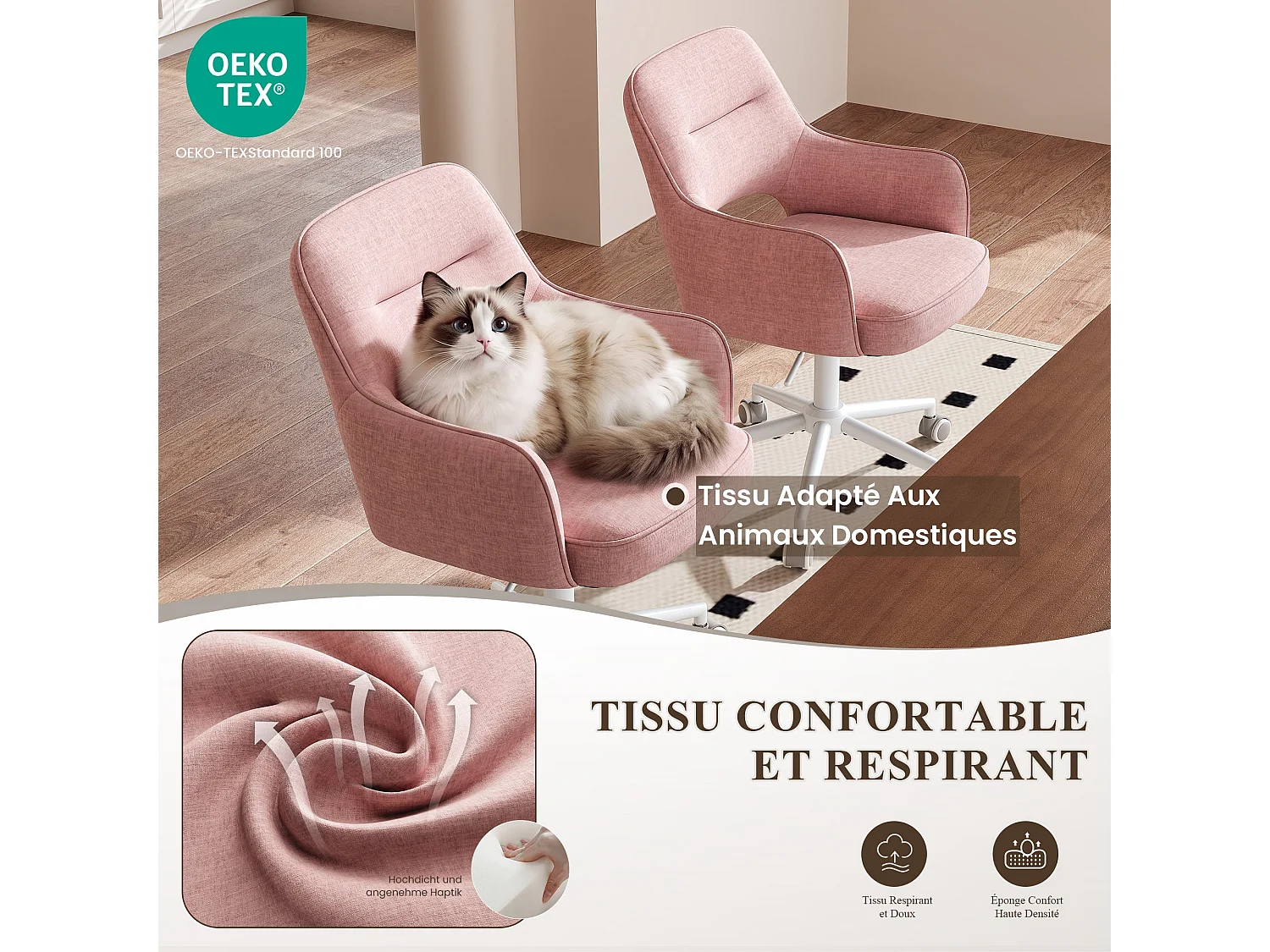 Fauteuil de Bureau Ergonomique avec Accoudoirs, Chaise Pivotante à 360° avec Hauteur Réglable, Assise Confortable en Tissu Doux,rose