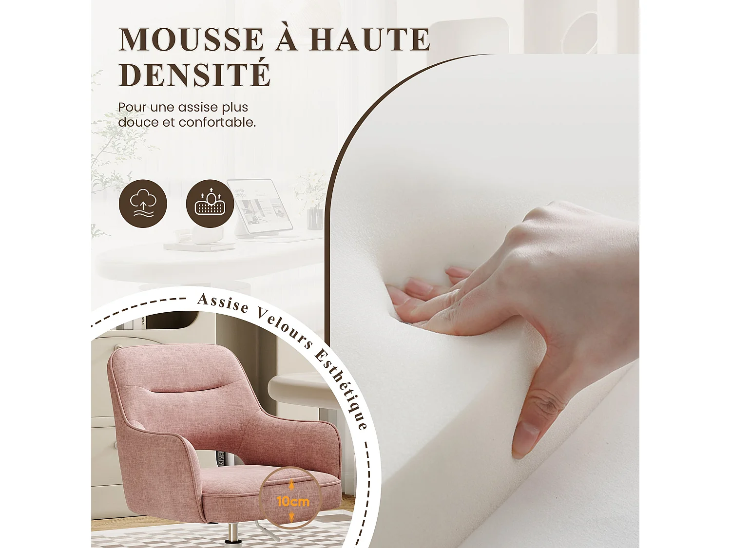 Fauteuil de Bureau Ergonomique avec Accoudoirs, Chaise Pivotante à 360° avec Hauteur Réglable, Assise Confortable en Tissu Doux,rose