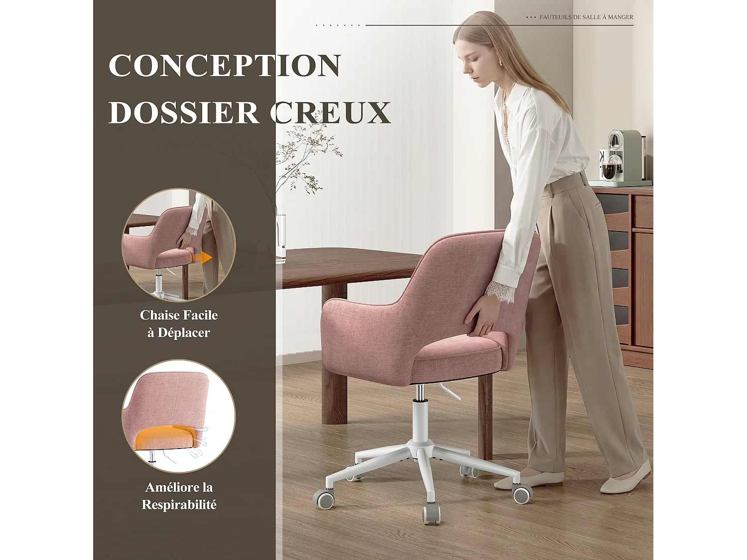 Fauteuil de Bureau Ergonomique avec Accoudoirs, Chaise Pivotante à 360° avec Hauteur Réglable, Assise Confortable en Tissu Doux,rose