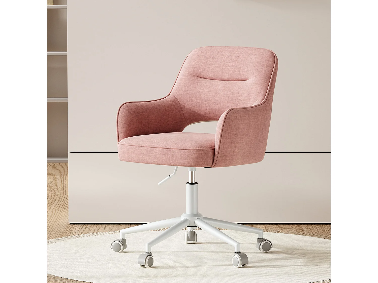Fauteuil de Bureau Ergonomique avec Accoudoirs, Chaise Pivotante à 360° avec Hauteur Réglable, Assise Confortable en Tissu Doux,rose
