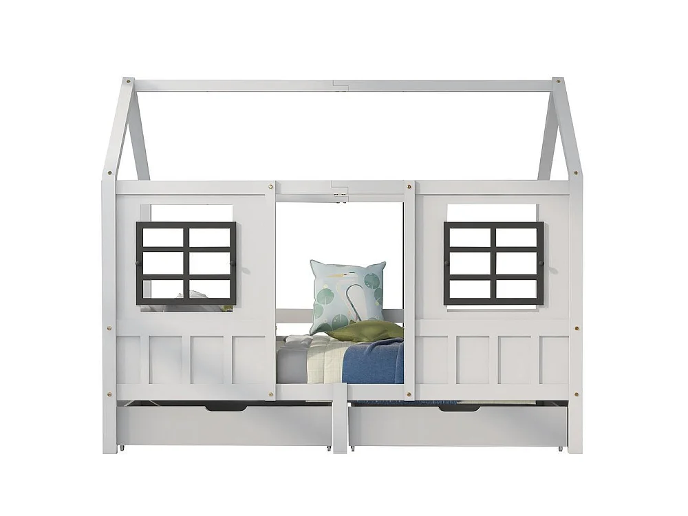 Lit maison enfant 90x200 cm, 2 fenêtres, 2 tiroirs, cadre pin MDF, robuste et sécurisé, idéal pour chambre, blanc