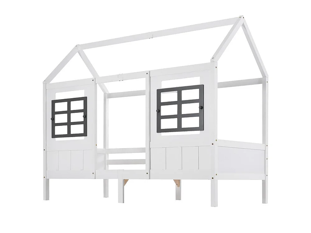 Lit maison enfant 90x200 cm, 2 fenêtres, 2 tiroirs, cadre pin MDF, robuste et sécurisé, idéal pour chambre, blanc
