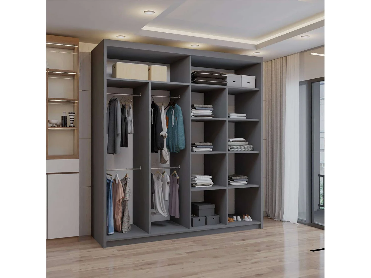 Double mirrored sliding door wardrobe - 203cm grey- Modern