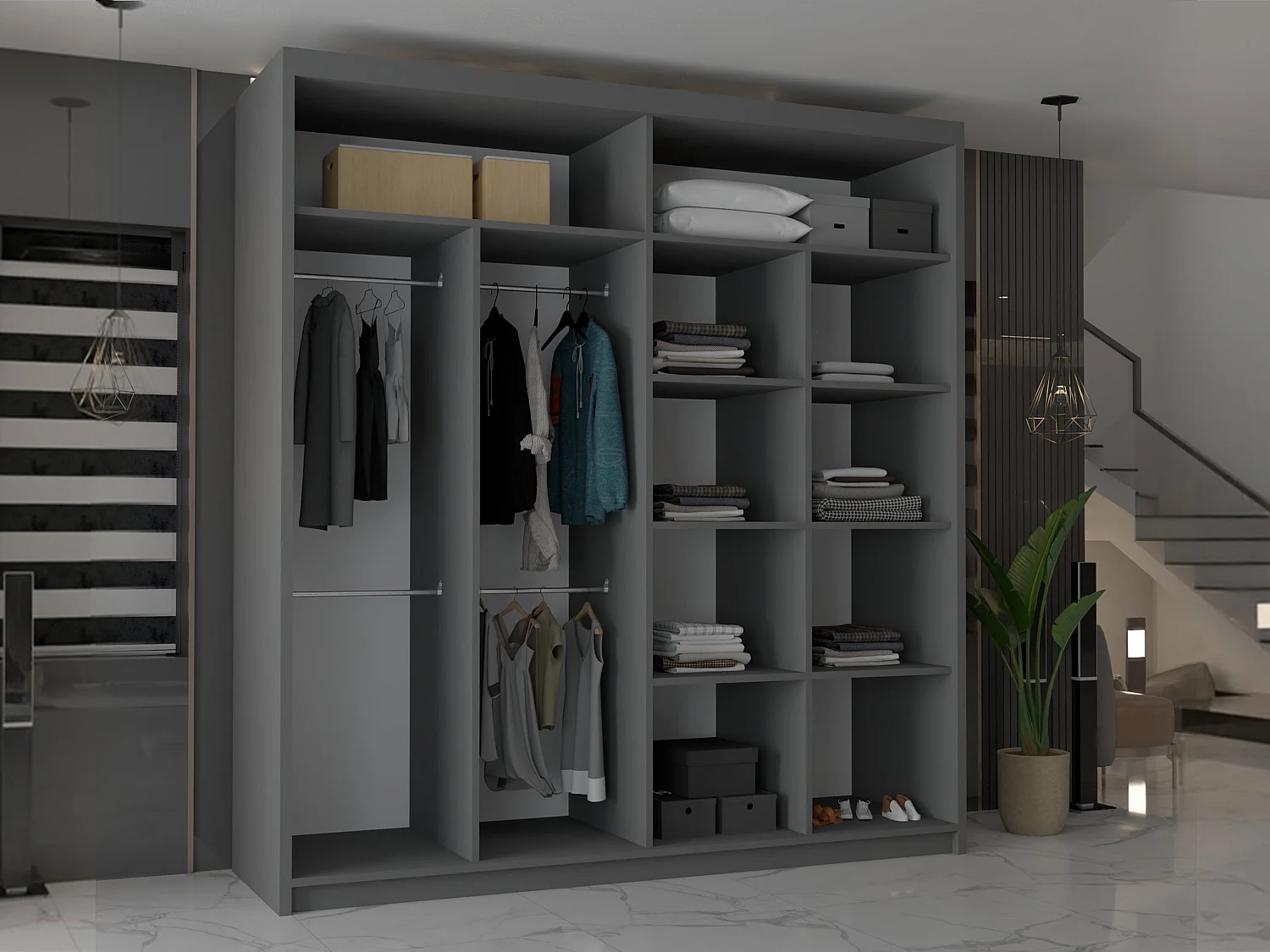 Double mirrored sliding door wardrobe - 203cm grey- Modern