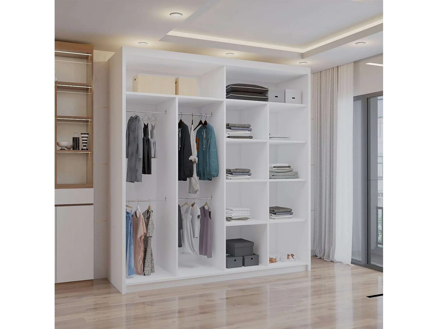 Double mirrored sliding door wardrobe - 203cm white- Modern