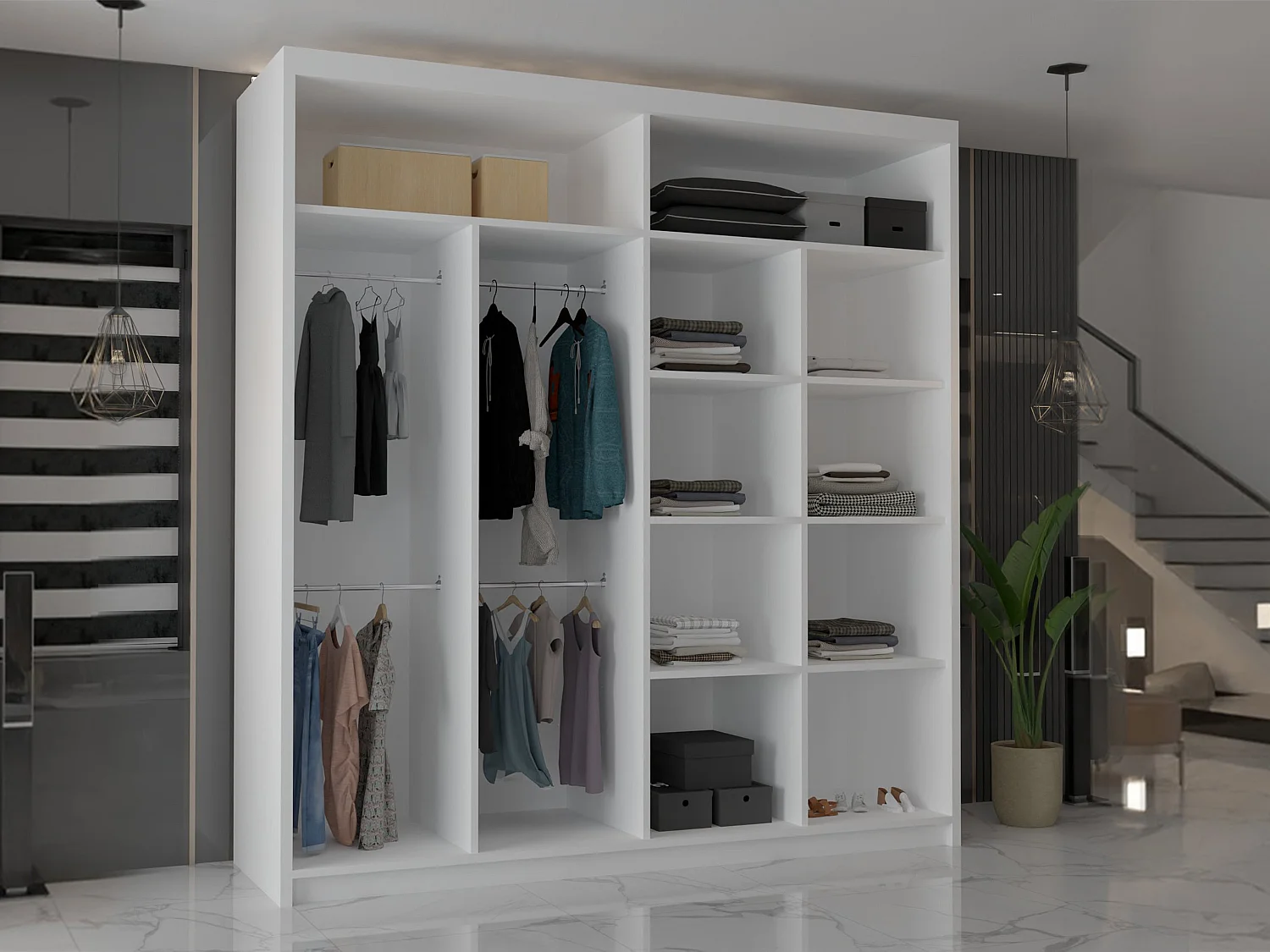 Double mirrored sliding door wardrobe - 203cm white- Modern