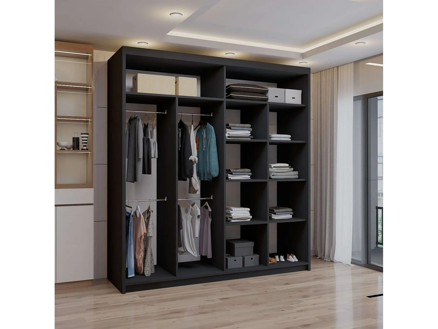 Double mirrored sliding door wardrobe - 203cm black- Modern