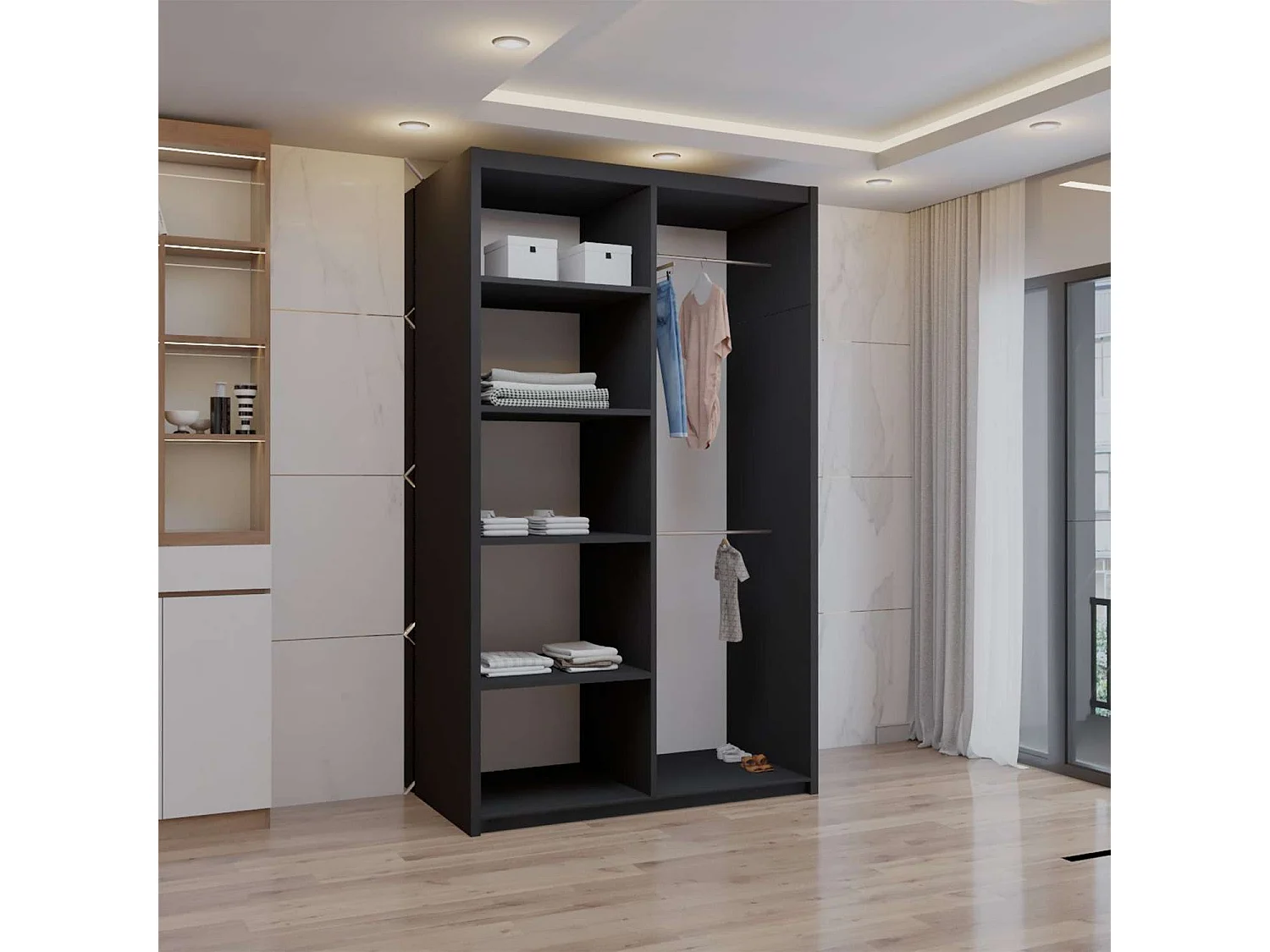 Double mirrored sliding door wardrobe - 100cm black- Modern