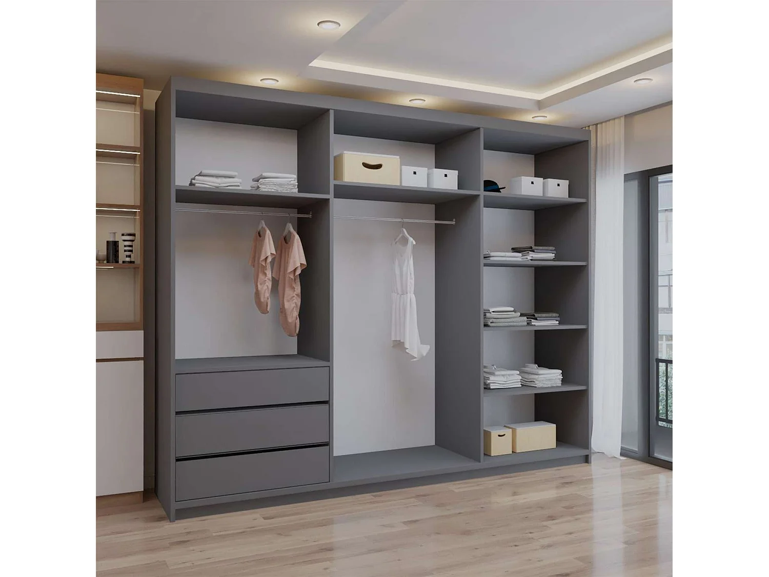 Double mirrored sliding door wardrobe - 250cm grey- Modern