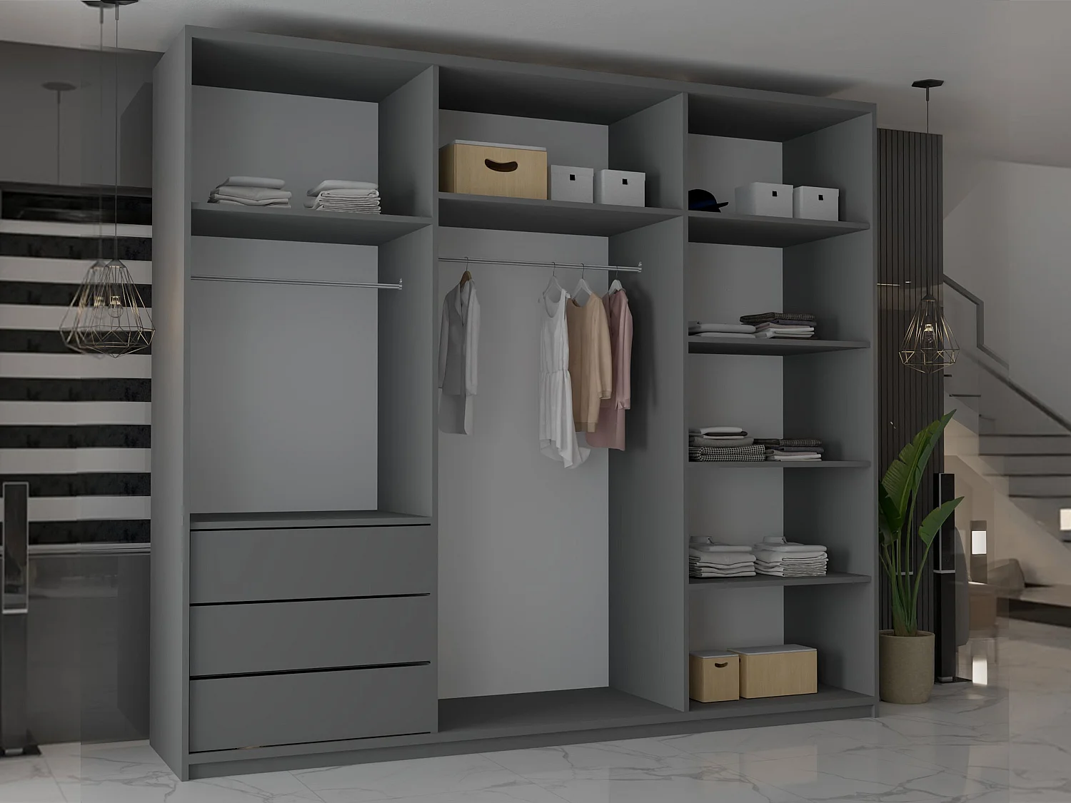 Double mirrored sliding door wardrobe - 250cm grey- Modern