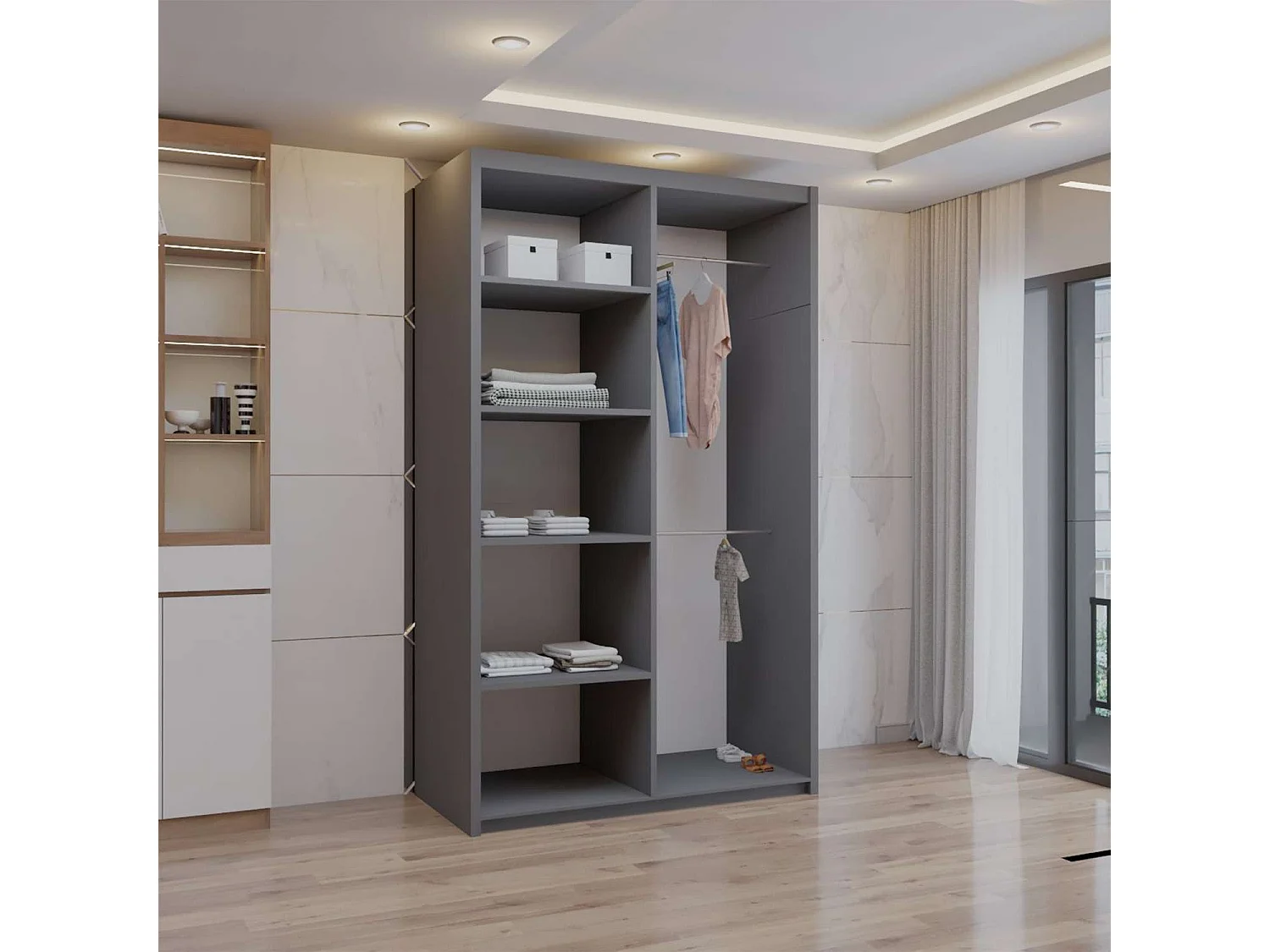 Double mirrored sliding door wardrobe - 100cm grey- Modern