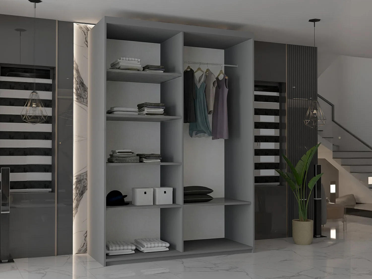 Double mirrored sliding door wardrobe - 100cm grey- Modern
