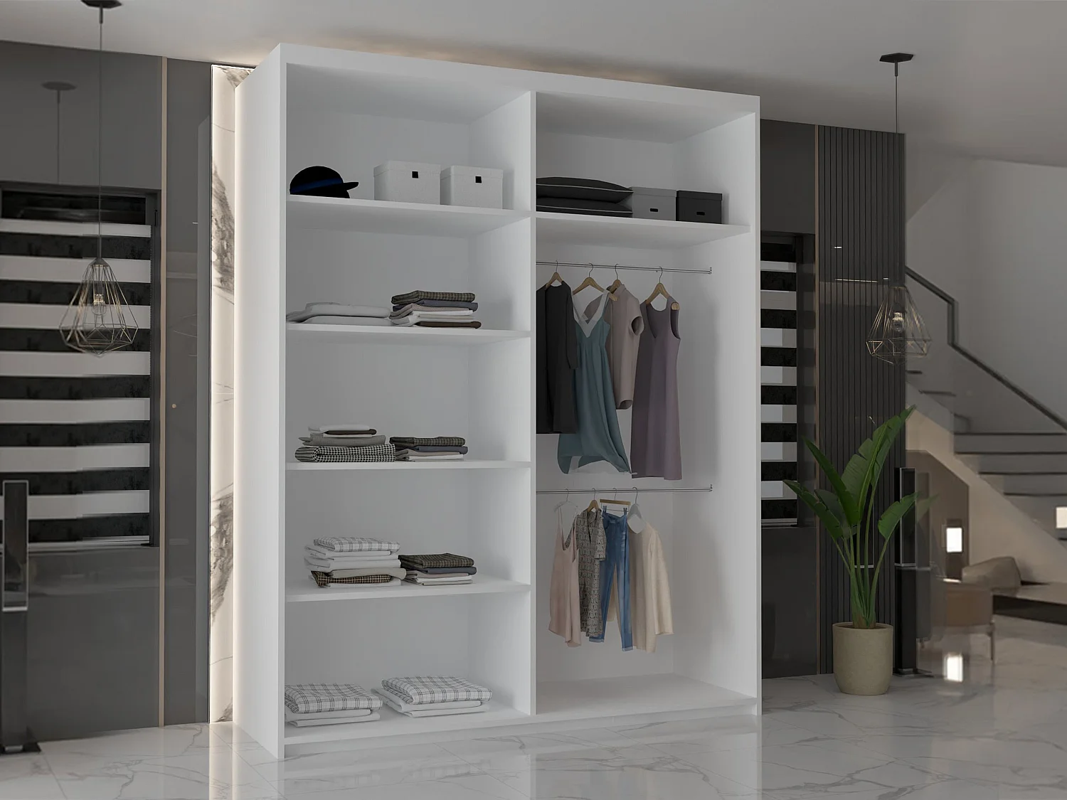 Double mirrored sliding door wardrobe - 150cm white- Modern